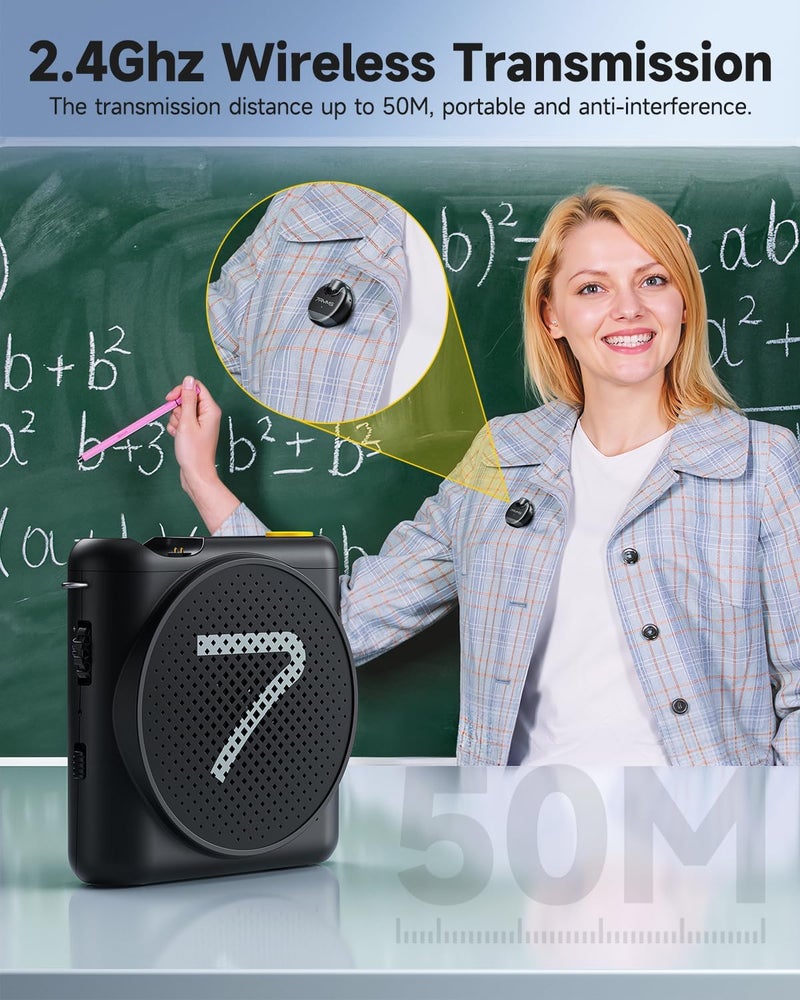 7RYMS WA2 Wireless Voice Amplifier for Teachers with Magnetic Lavalier Mic, Portable Microphone Speaker-Noise Canceling, 164ft Range, 23H Working, Mini Pa System for Teaching, Speech, Yoga, Meeting - Image 2